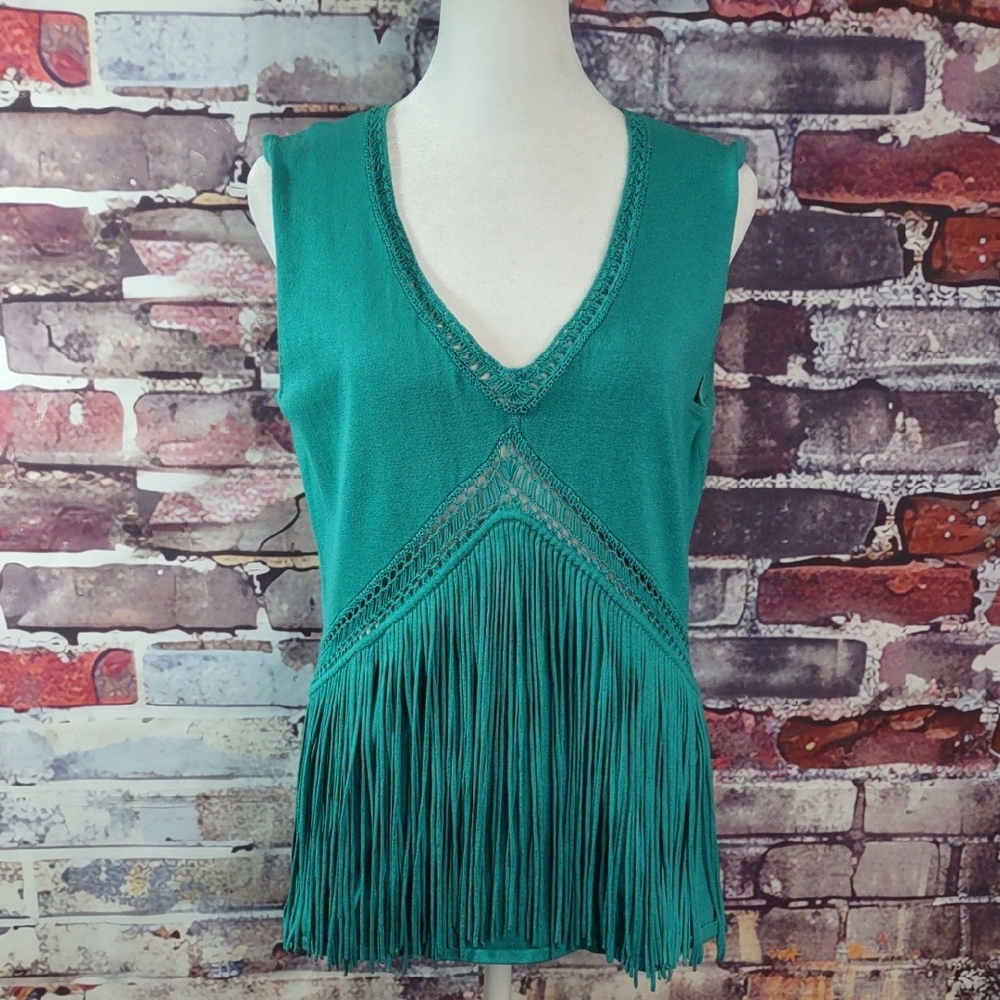 Women’s Western Vibe Teal Fringe V-Neck Silk Blend Tank Top